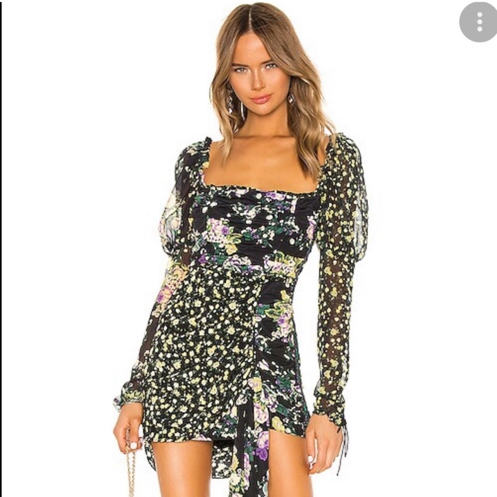 For love and lemons black mini dress with yellow floral details, worn once